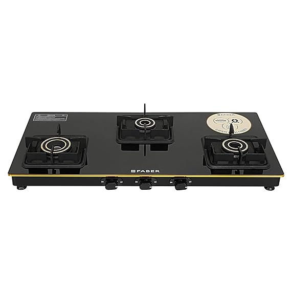 Faber Stylish 3 Brass Burners 77cm Sleek Cooktop |Manual Ignition|MS Powder Coated Pan Support(Prince Plus 3BB BK)